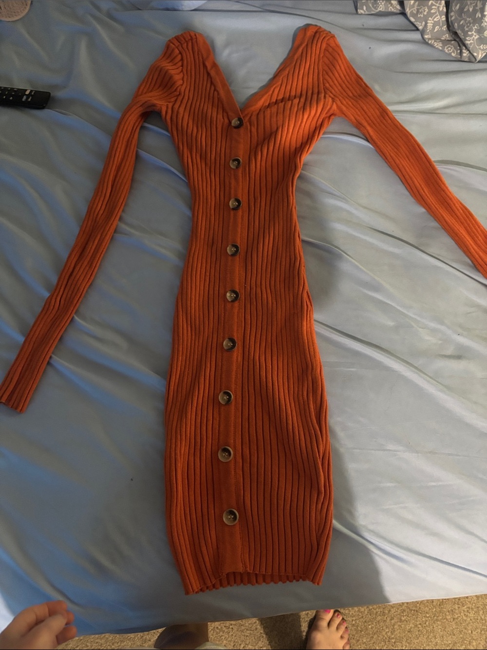 Ribbed Button-Front Long Sleeve Midi Dress - Orange